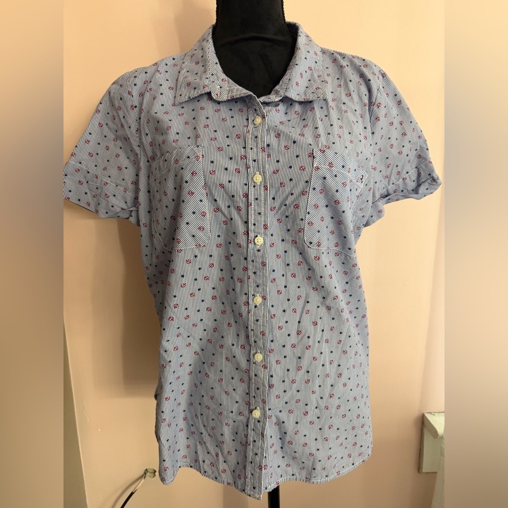Tommy Hilfiger Blue Red Anchor Star Button Down Shirt XL | Nautical Anchor Print